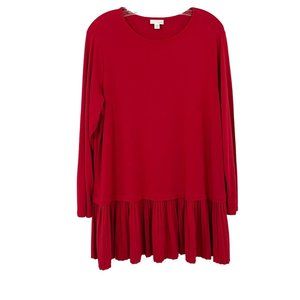 J. Jill Red Pleated Hem Long Sleeve Shirt Crewneck Slit Hem - Size 1X